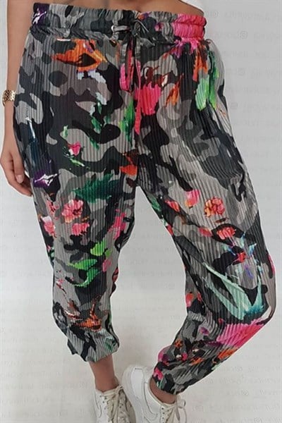 Renkli Desenli Paçası Lastikli Pantalon