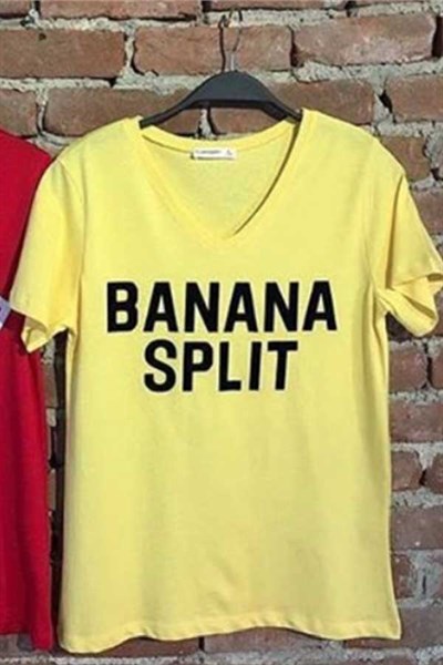 V Yaka Yazı Baskılı Tomato Banana Tshirt