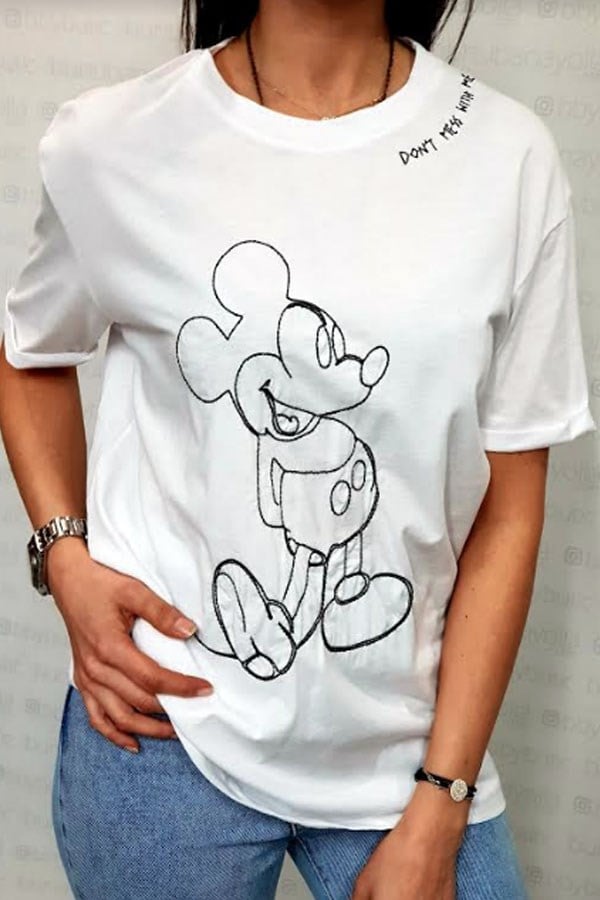 Nakışlı Mickey Beyaz Tshirt