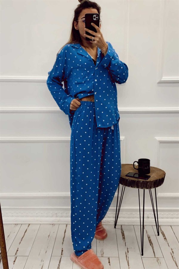 Puantiyeli Mavi Pijama Takım