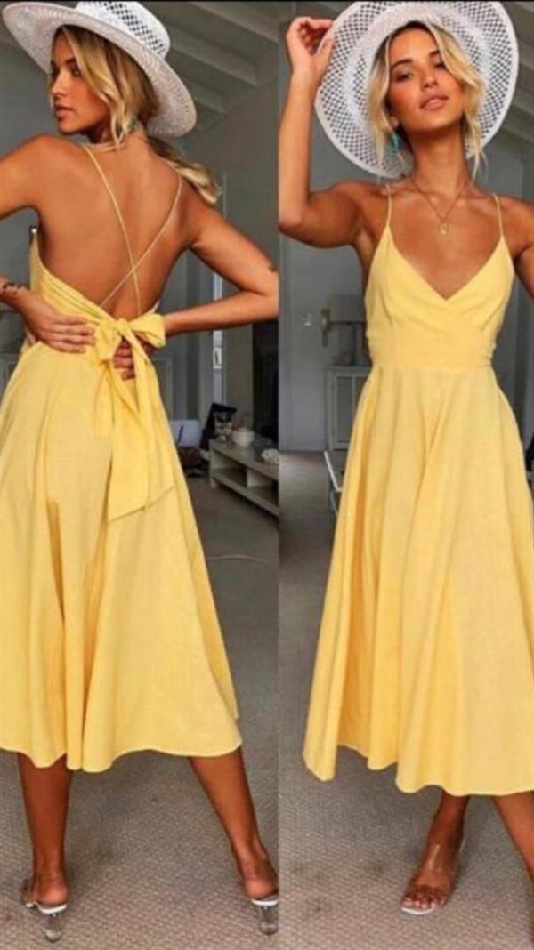 Sırt Detaylı Midi Sarı Elbise