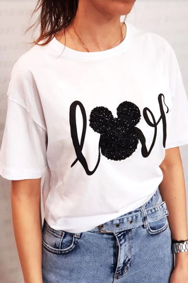 Taşlı Mickey Love Tshirt