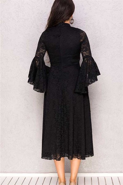 İspanyol Kol Güpür Siyah Midi Elbise