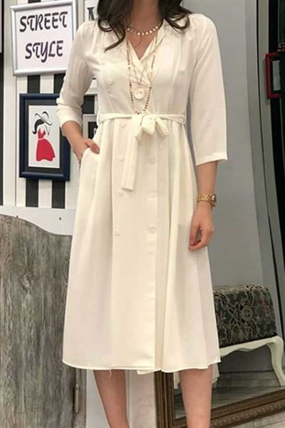Vintage Düğme Detaylı Krem Elbise