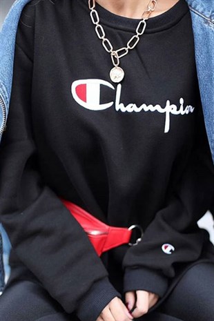 Champion Büyük Logolu Siyah Sweatshirt