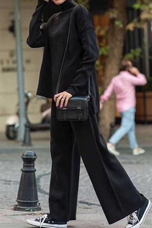 Dik Yaka Siyah Triko Kazak Pantalon Takım