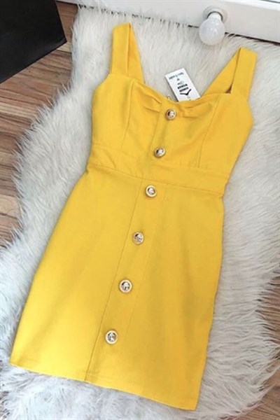 Kalın Askılı Düğme Detay Sarı Elbise
