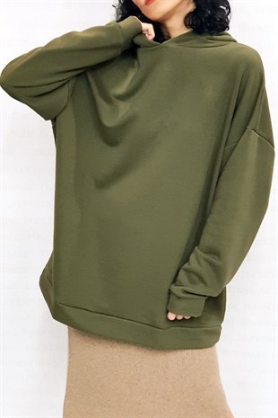 Kapşonlu Haki Yeşil Tunik Sweatshirt