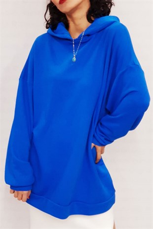 Kapşonlu Sax Mavi Tunik Sweatshirt