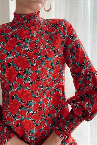 Kırmızı Çiçek Desen Mini Elbise