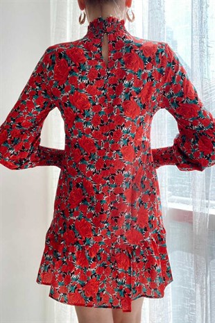 Kırmızı Çiçek Desen Mini Elbise