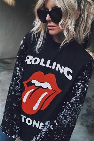 Kolları Payetli Rolling Stones Sweatshirt
