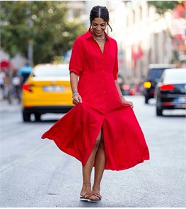 Yarım Kol Midi Kırmızı Gömlek Elbise