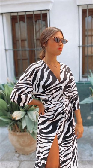 Zebra Desen Keten Midi Gömlek Elbise
