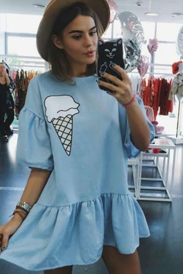 Volanlı Dondurmalı Mavi Elbise