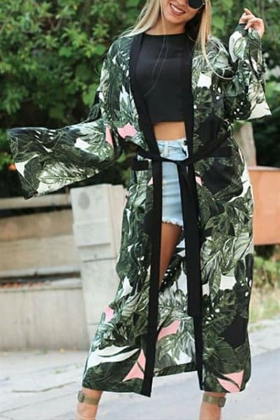 Yaprak Desen Maxi Kimono
